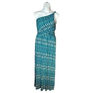 Tart Teal White One Shoulder Maxi Dress Abstract Stretch Resort‎ Vacation M